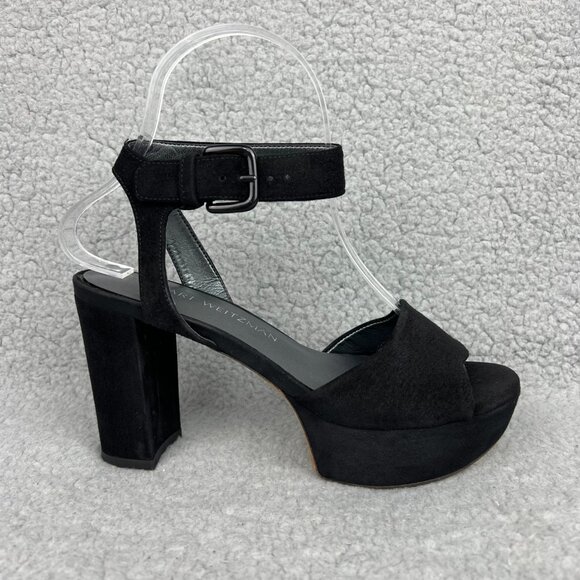 Stuart Weitzman Real Deal Sandal Heels Womens 5 Shoes Black Suede Platform Strap - Picture 3 of 12
